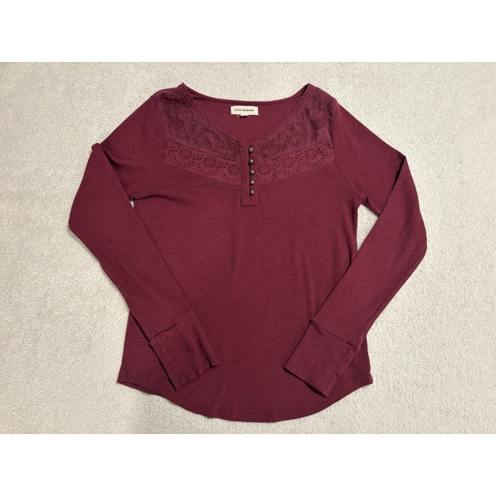 Lucky‎ Brand Embroidered 1/4 Button Up Long Sleeve Maroon Women's Shirt Size Lg